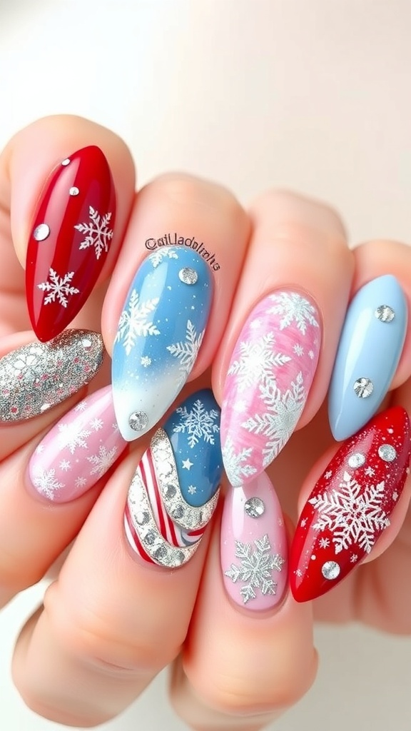 A collection of winter-themed almond nails with Christmas designs including snowflakes, candy canes, and glitter.